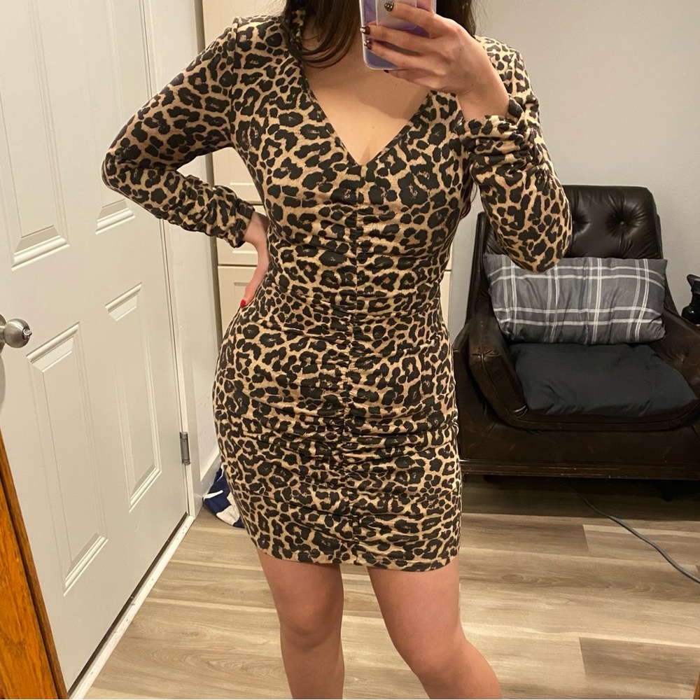 ZARA Ruched Leopard Print Bodycon Dress - Picture 1 of 14